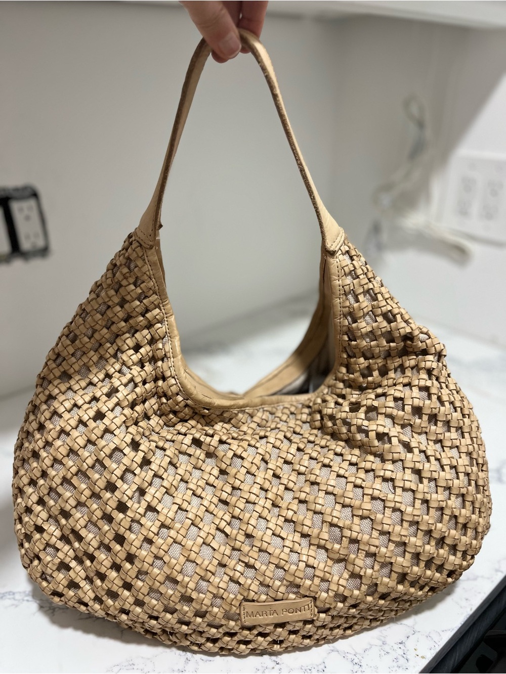 MARTA PONTI Woven Shoulder Hobo Bag in Natural Tan